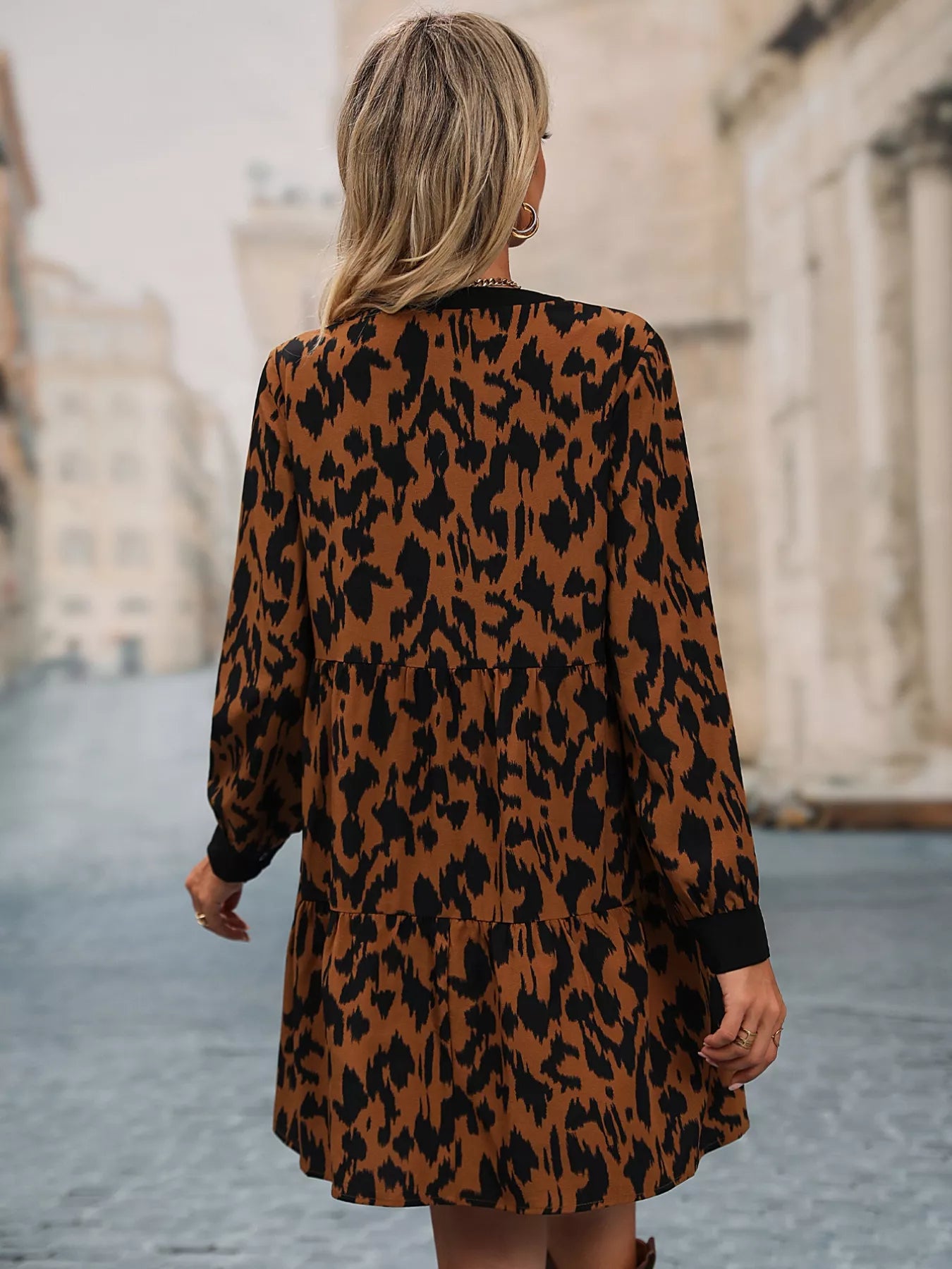 Leopard Tie Neck Long Sleeve Dress OutfitFlow