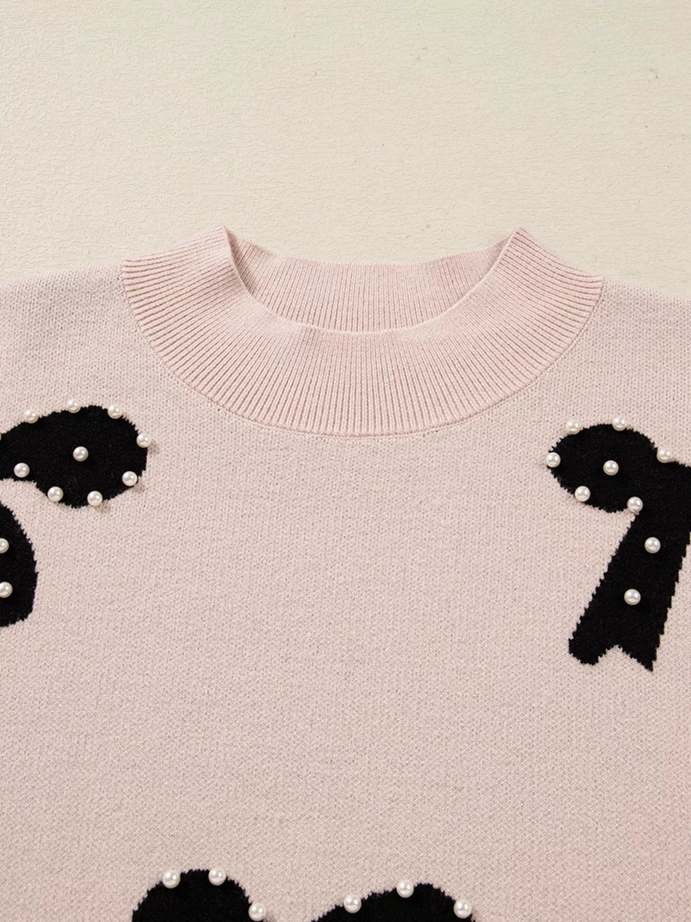 Pearl Embellished Bow Pattern Loose Sweater OutfitFlow