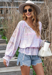 Outfit Flow - Printed Tie Neck Flounce Sleeve Blouse