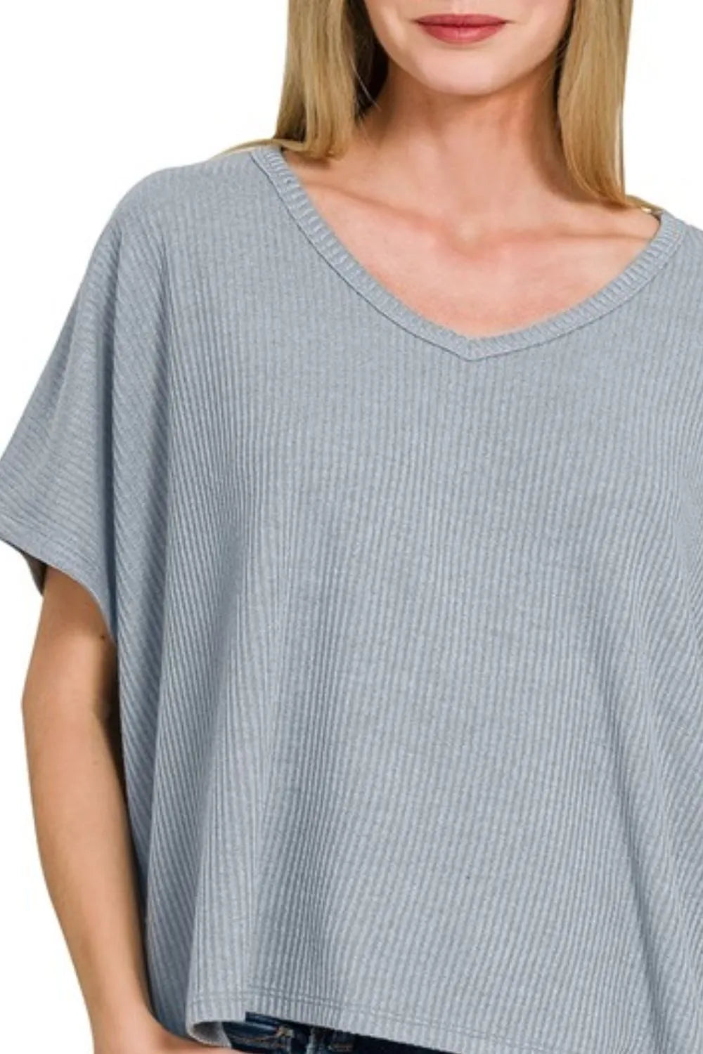 Zenana Ribbed V-Neck Short-Sleeve Knit Top OutfitFlow