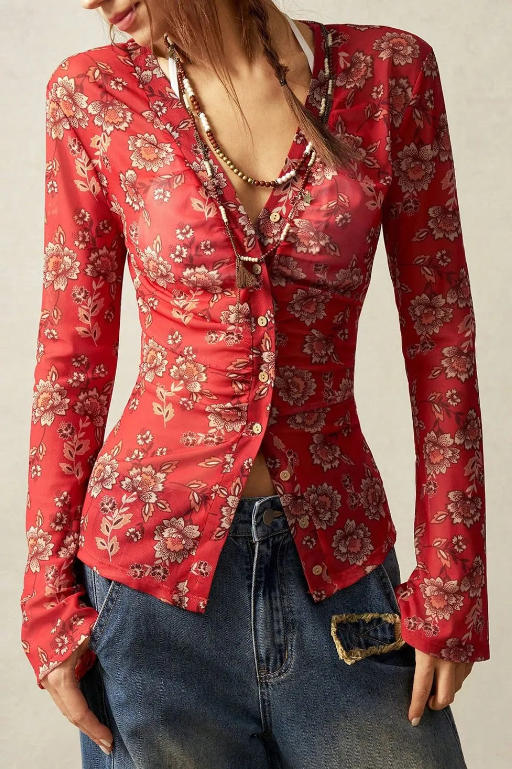 Floral Button-Front Shirt with Bell Sleeves OutfitFlow