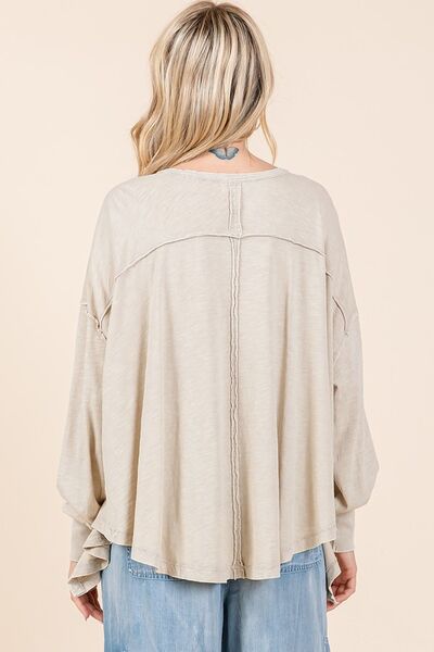 Mittoshop Mineral Wash V-Neck Long Sleeve Oversized Top OutfitFlow
