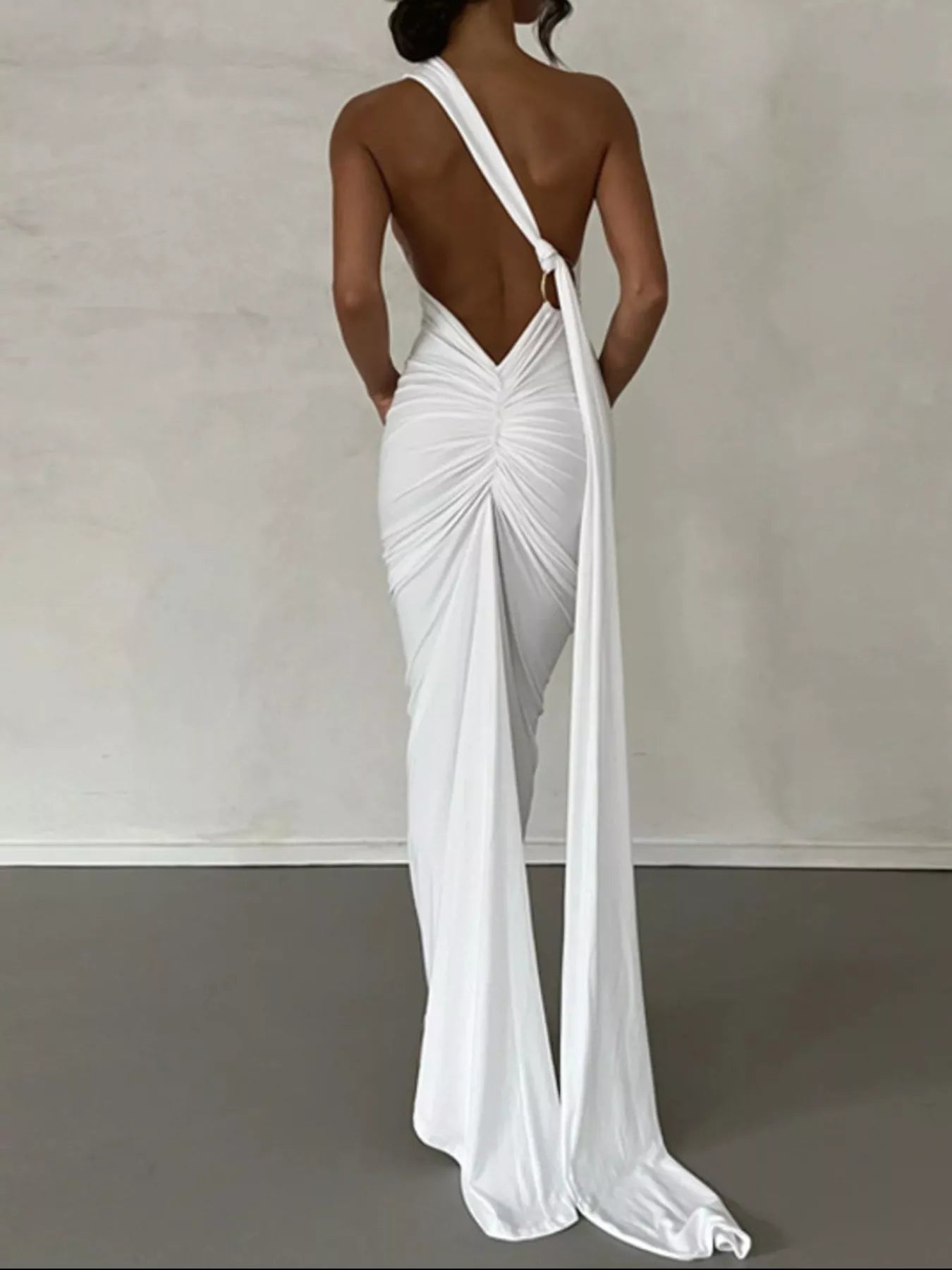 Backless One-Shoulder Ruched Bodycon Maxi Dress OutfitFlow