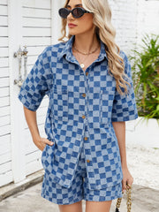 Checkered Shirt and Shorts Denim Set OutfitFlow