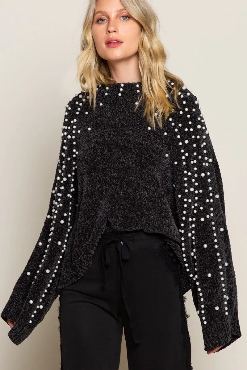 POL Oversized Pearl Embellished Sweater Trendsi