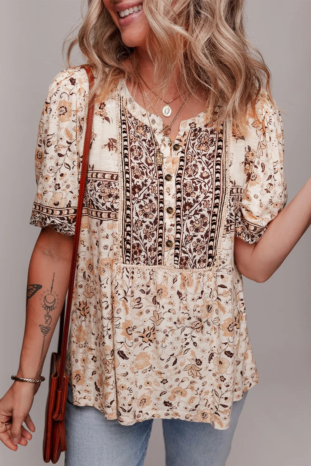 Boho Floral Print Half Placket Short Sleeve Loose Blouse OutfitFlow