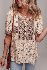 Boho Floral Print Half Placket Short Sleeve Loose Blouse OutfitFlow
