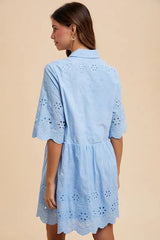 Annie Wear Embroidered Scallop Edge Detail Mini Shirt Dress OutfitFlow