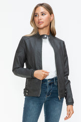 Outfit Flow - Snobbish Faux Leather Biker Jacket with Side Zip Pockets