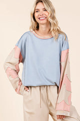 Mittoshop Star Patch Long Sleeve Colorblock Mineral Wash Top BLUE OutfitFlow