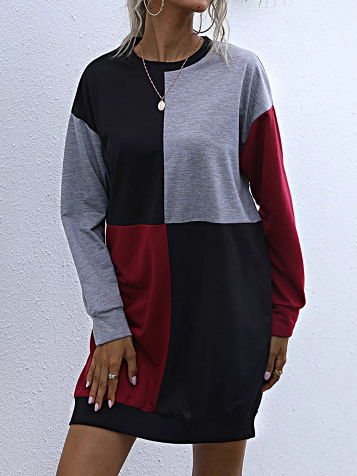 Color Block Casual Long Sleeve Mini Dress Gray Red OutfitFlow