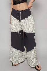 POL Contrast Floral Drawstring Wide Leg Pants CHARCOAL OutfitFlow