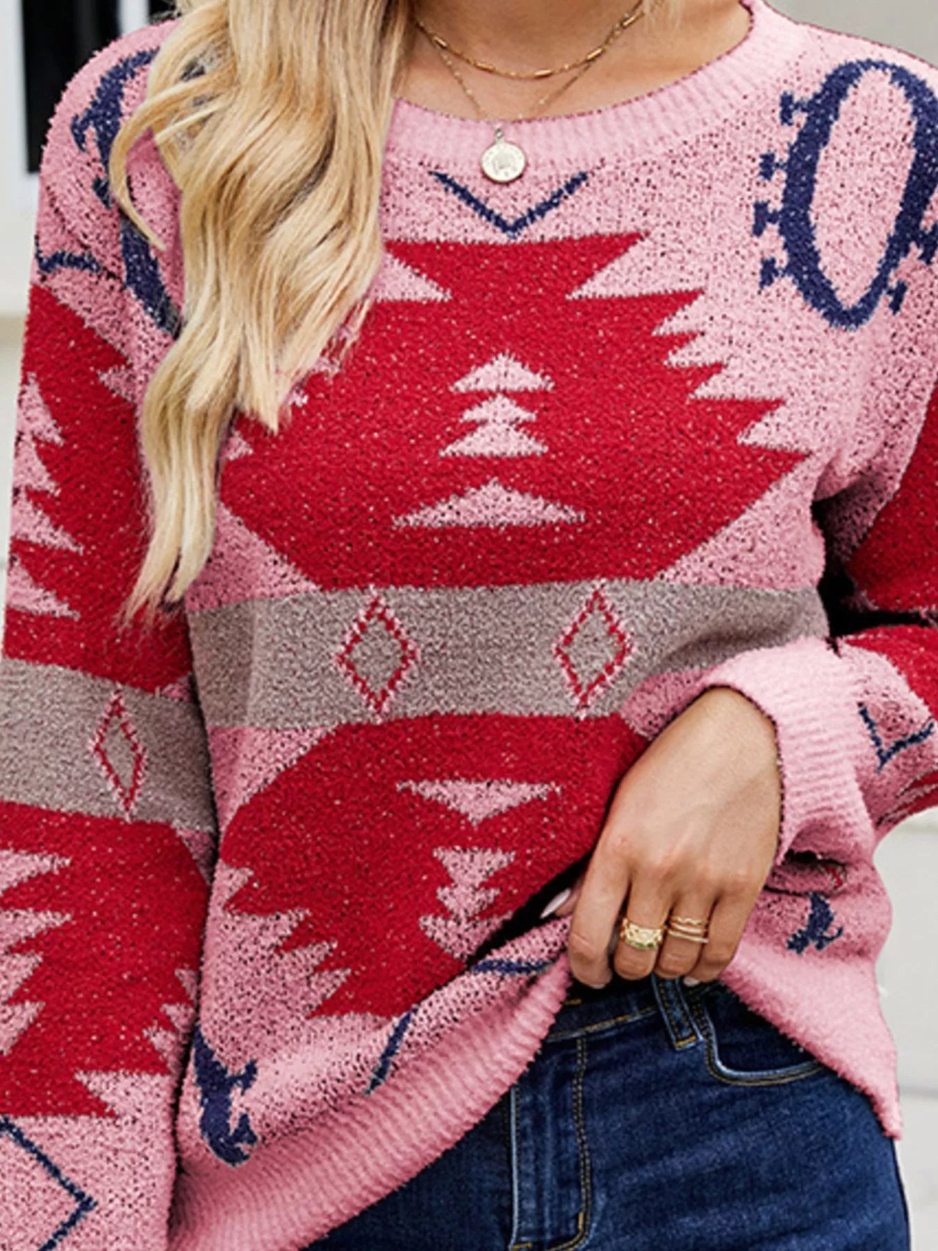 Geometric Round Neck Long Sleeve Sweater OutfitFlow