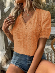 Full Size Lace Detail Eyelet V-Neck Short Sleeve Blouse Plus Size OutfitFlow