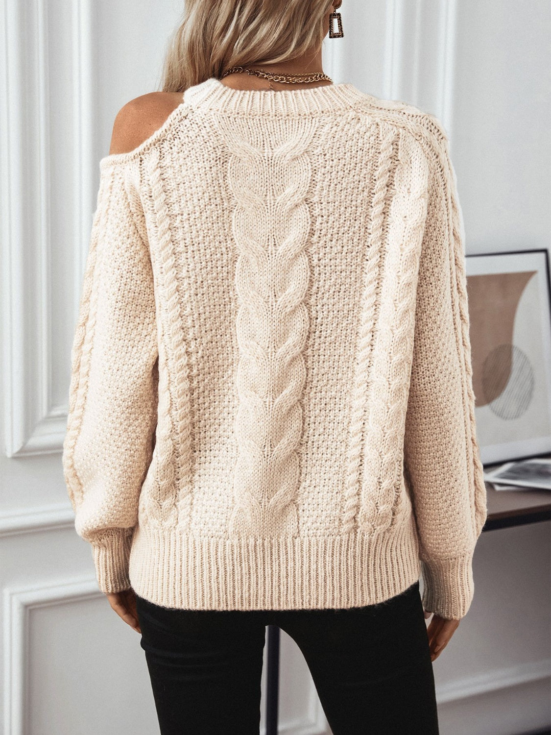 Outfit Flow - Cable Knit Round Neck Cold Shoulder Sweater