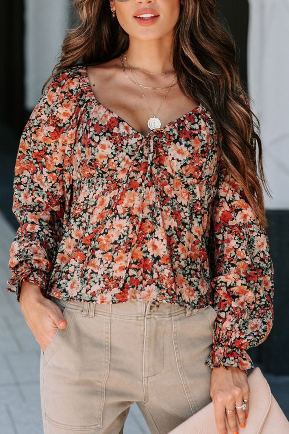 Peplum Tied Flora Long Sleeve Blouse