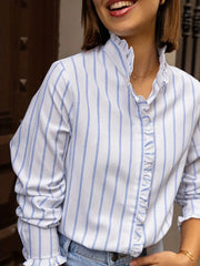 Frill Striped Long Sleeve Blouse Stripe OutfitFlow