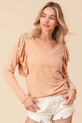 BiBi Triblend V Neck Top with Shoulder Shrring Detail OutfitFlow