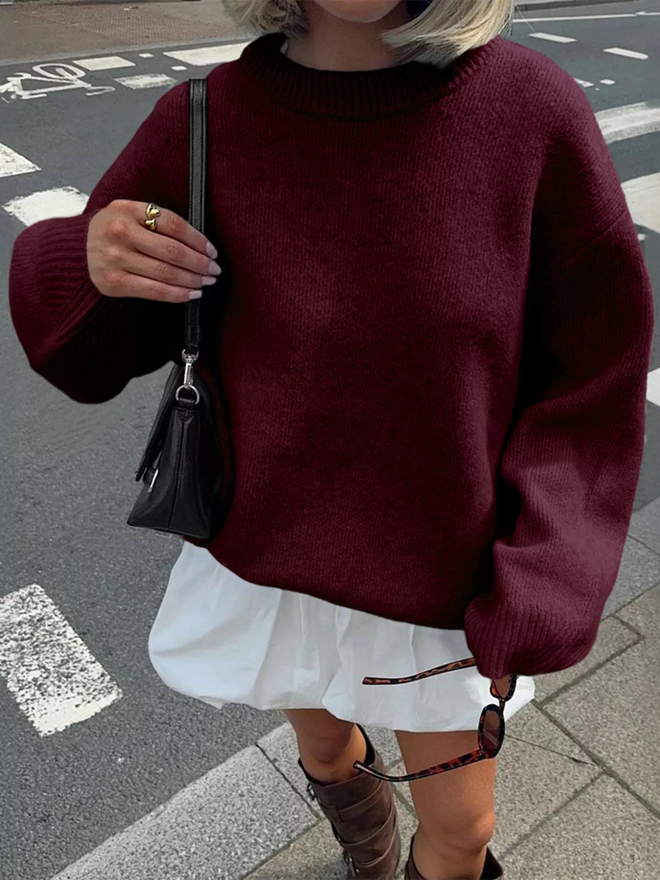 Ribbed Round Neck Dropped Shoulder Sweater OutfitFlow