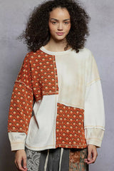 POL Contrast Patchwork Round Neck Long Sleeve Top OutfitFlow