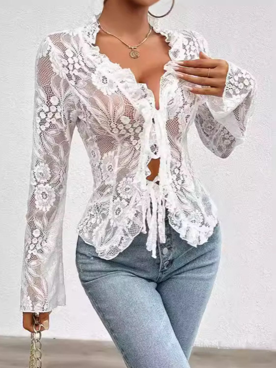 Outfit Flow - Tied V-Neck Long Sleeve Lace Top