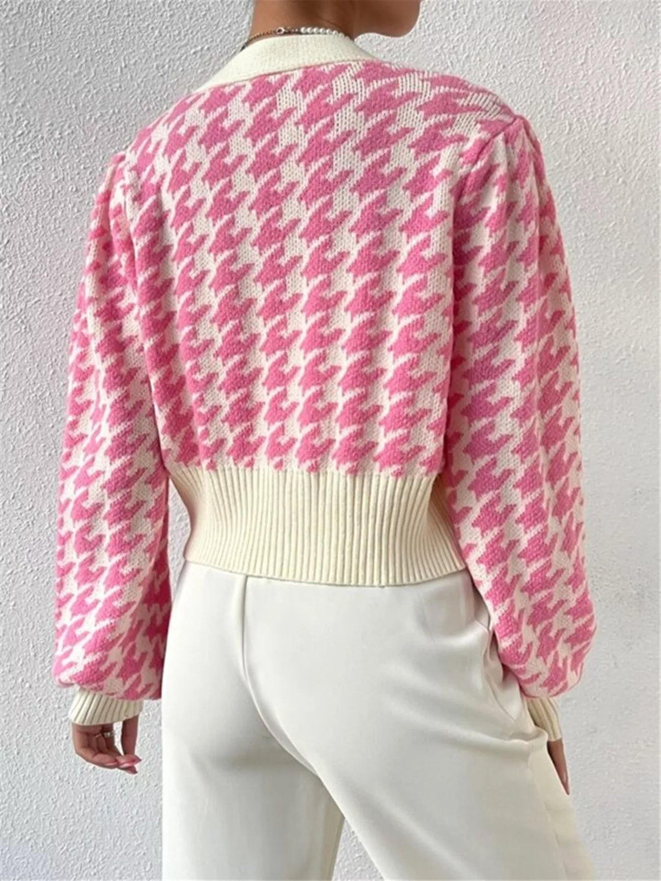 Houndstooth V-Neck Button Up Cardigan OutfitFlow