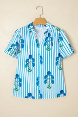Stripe Floral Notched Neck Puff Sleeve Summer Blouse OutfitFlow