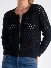 Full Size Zip Up Long Sleeve Cardigan with Eyelet Detail Plus Size OutfitFlow
