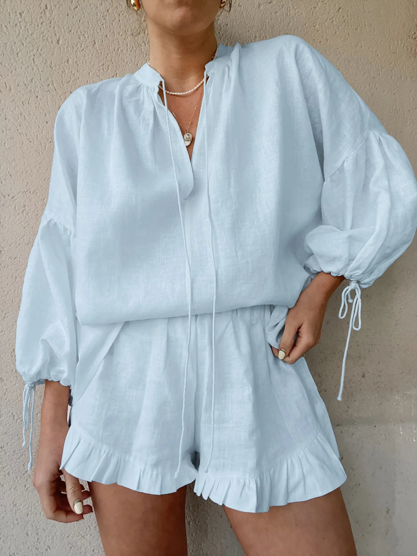 Tie Neck Balloon Sleeve Blouse and Shorts Set Light Blue OutfitFlow