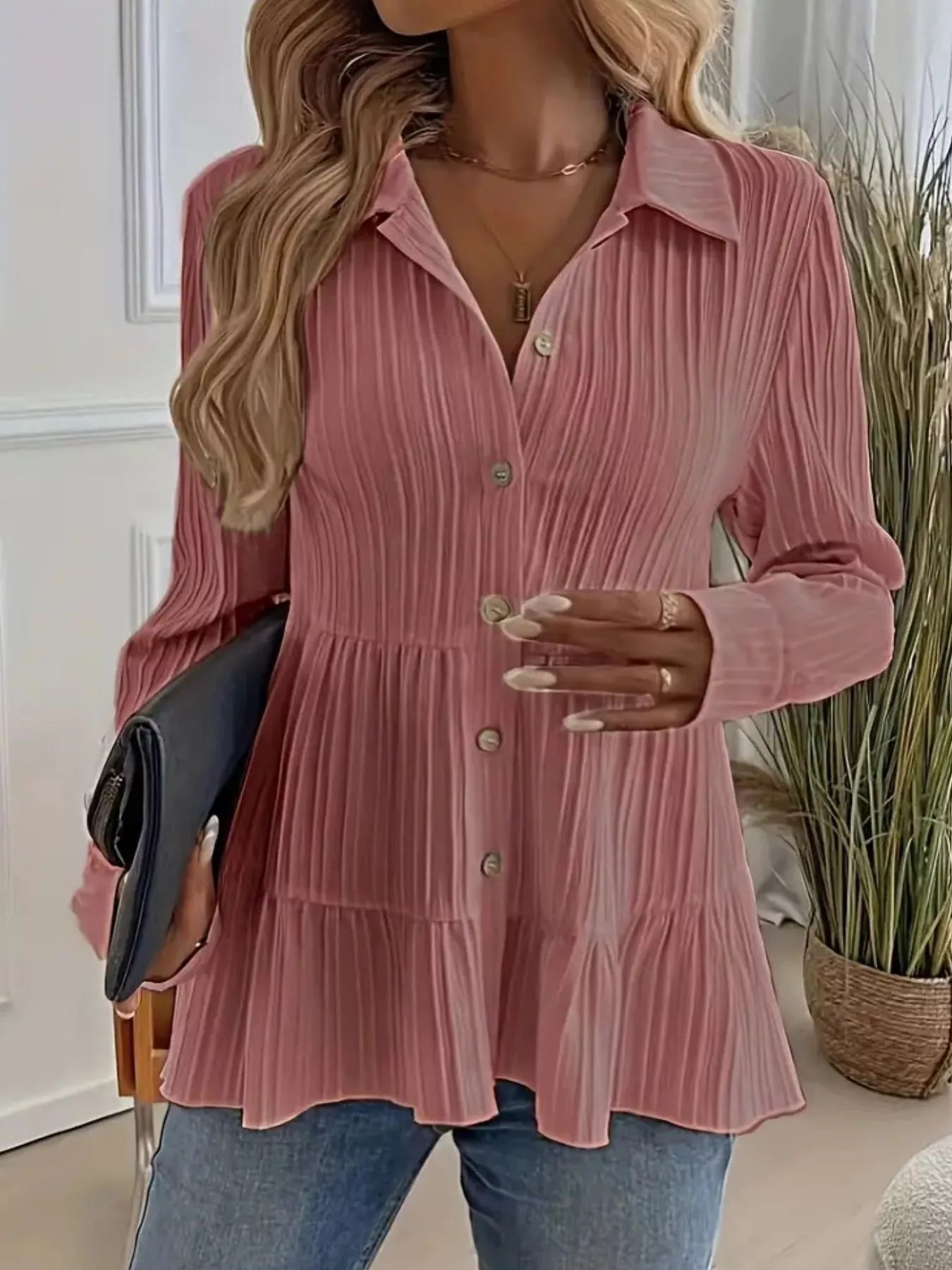 Button-Down Long Sleeve Tiered Shirt OutfitFlow