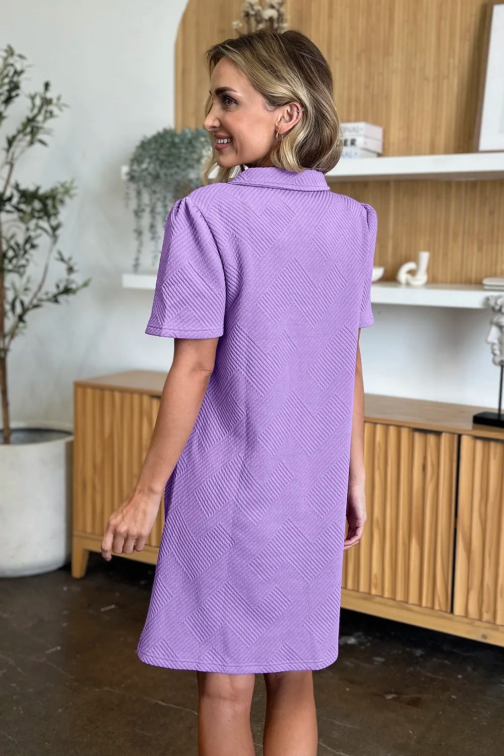 Double Take Full Size Texture Collared Neck Short Sleeve Dress OutfitFlow