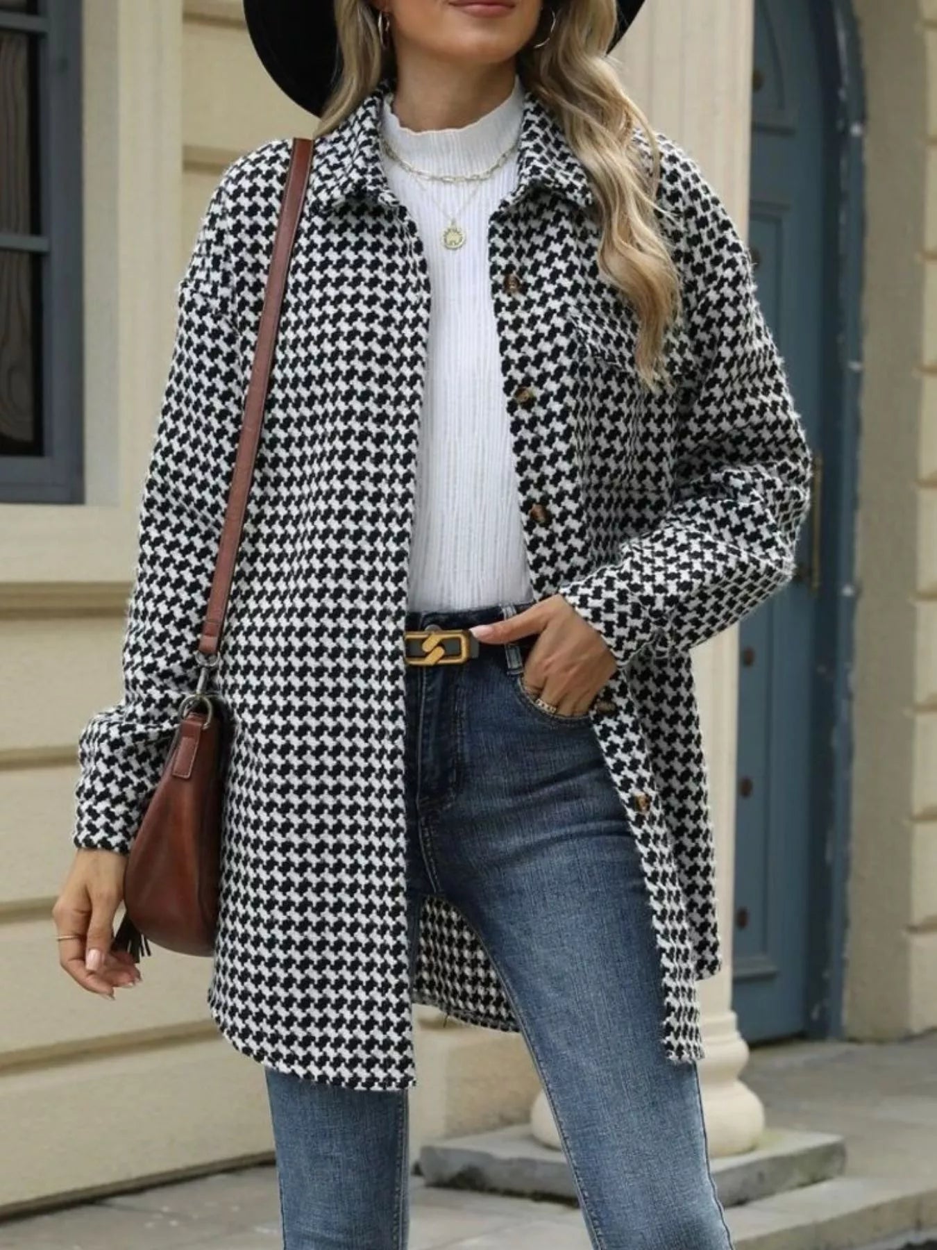 Houndstooth Button Up Long Sleeve Coat Trendsi