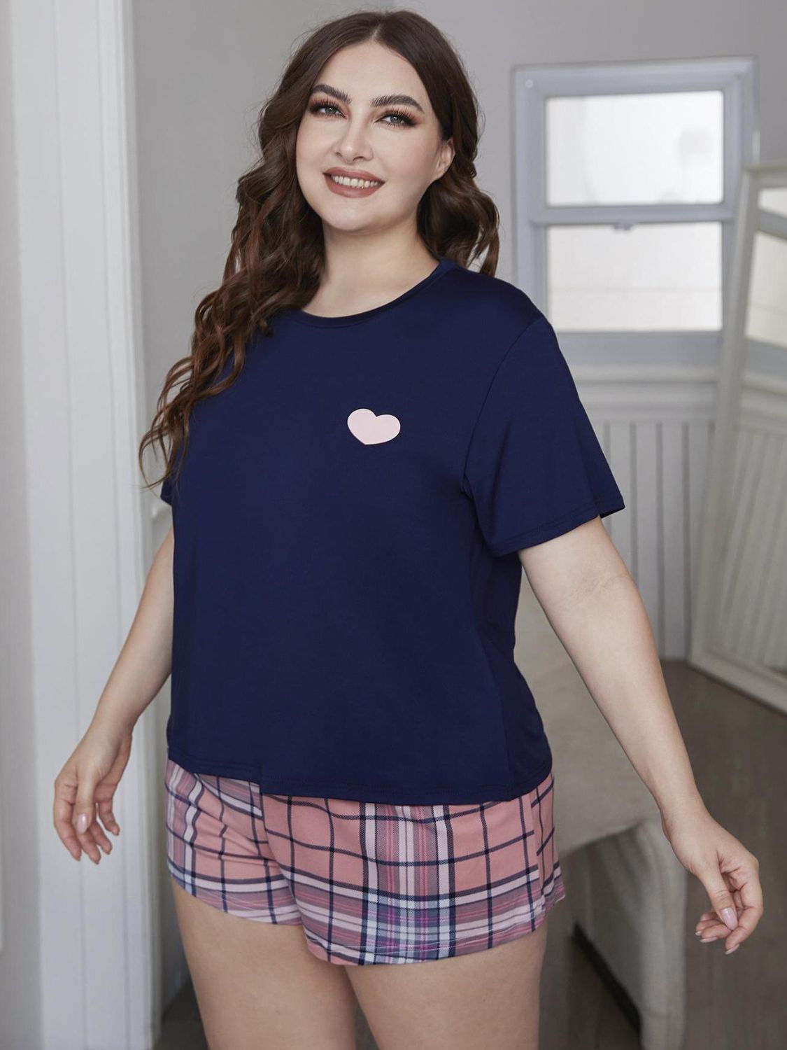 Outfit Flow - Plus Size Heart Graphic Top and Plaid Shorts Loungewear Set