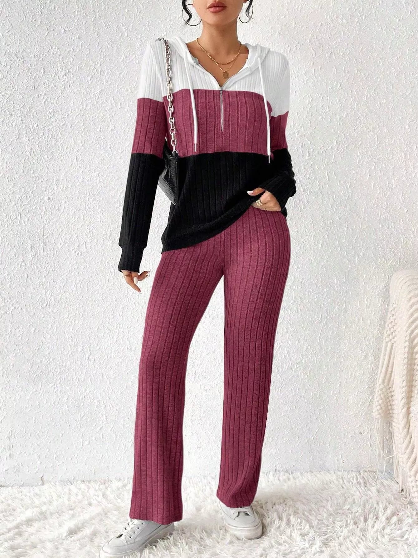 Color Block Half Zip Hooded Top and Pants Set OutfitFlow