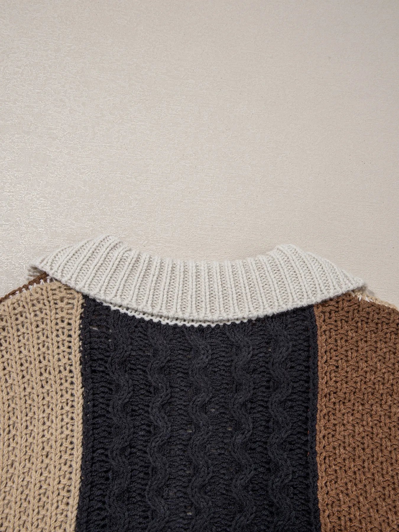 Multicolour Color Block Cable Knit Sleeve Buttons Collared Sweater OutfitFlow