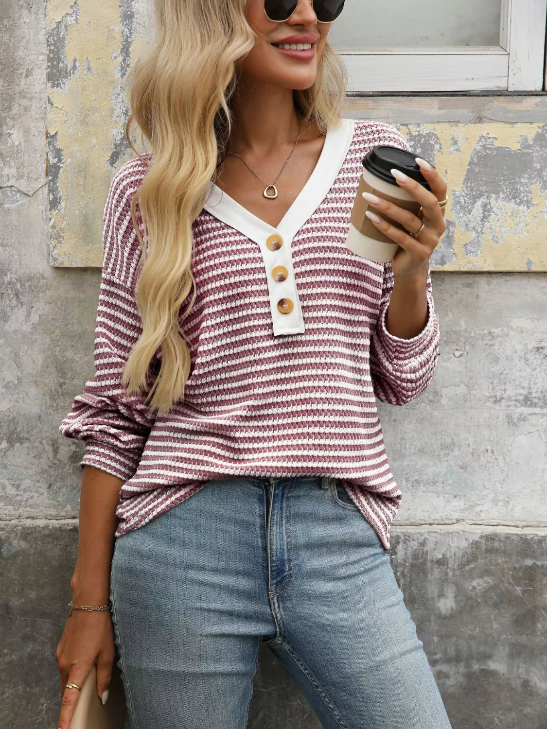 Striped Button Detail Long Sleeve T-Shirt Rust Trendsi
