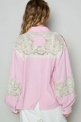 POL Printed Woven Mix Raw Hem Jacket with Lace Detail OutfitFlow