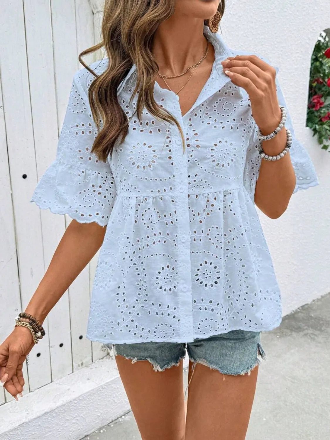 Eyelet Solid Collared Neck Half Sleeve Shirt OutfitFlow