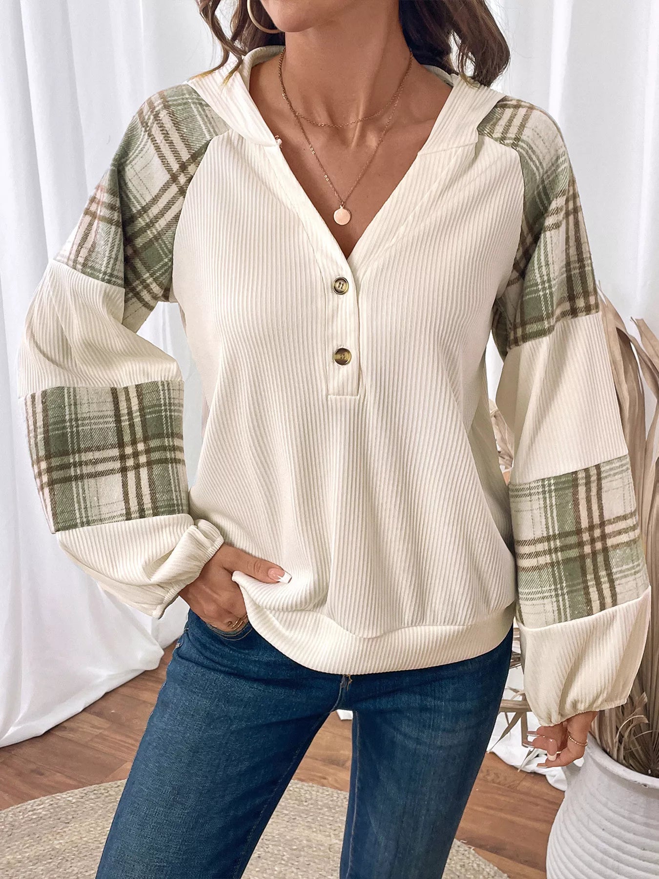 Plaid V-Neck Button Front Sweatshirt OutfitFlow