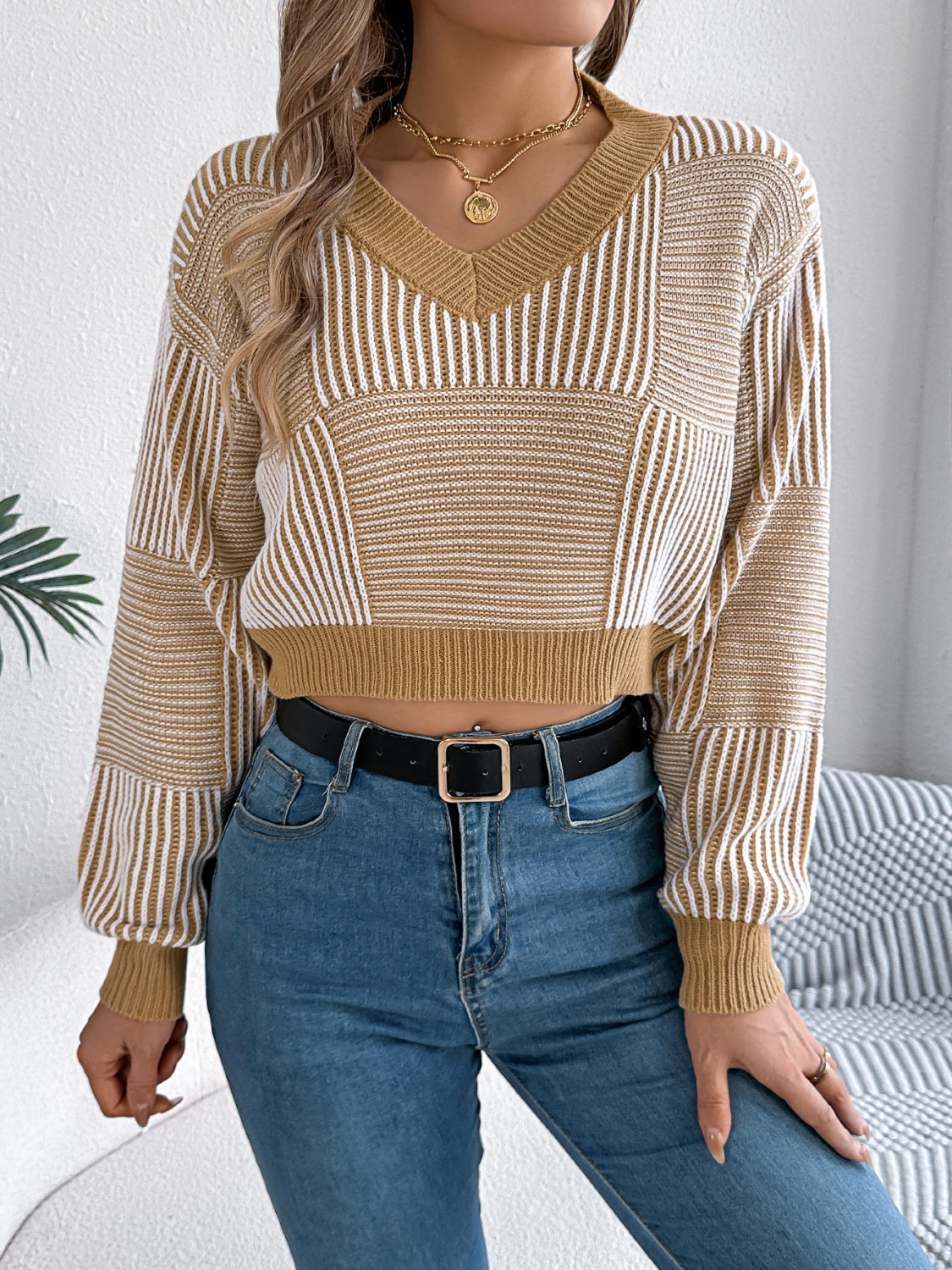 Outfit Flow - Striped V-Neck Long Sleeve Sweater