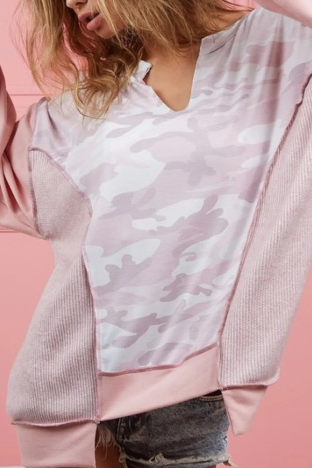 BiBi Camo Printed French Terry Knit Color Block Top OutfitFlow