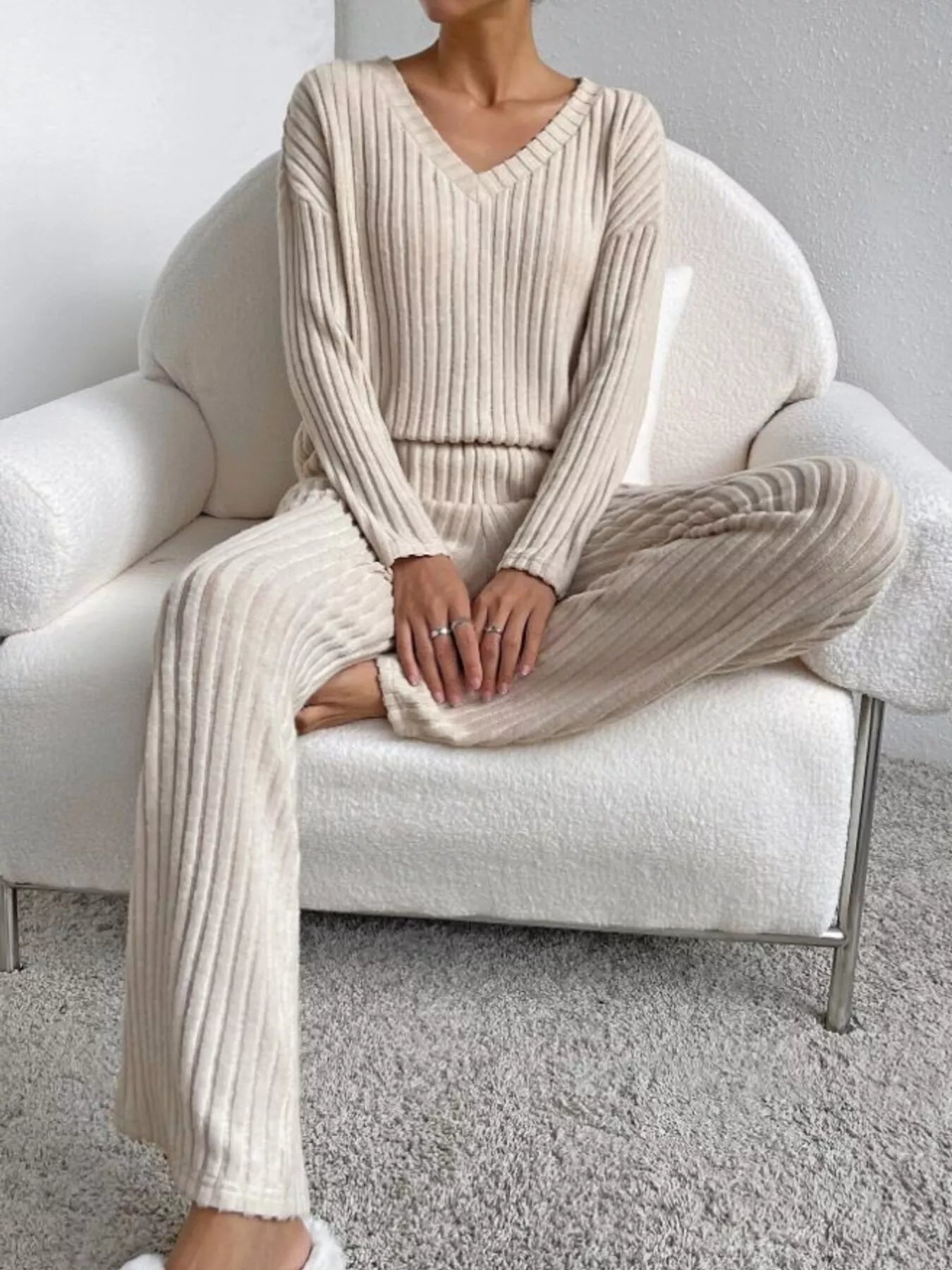 Ribbed Knit V-Neck Top and Pants Set Beige OutfitFlow