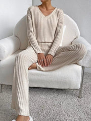 Ribbed Knit V-Neck Top and Pants Set Beige OutfitFlow