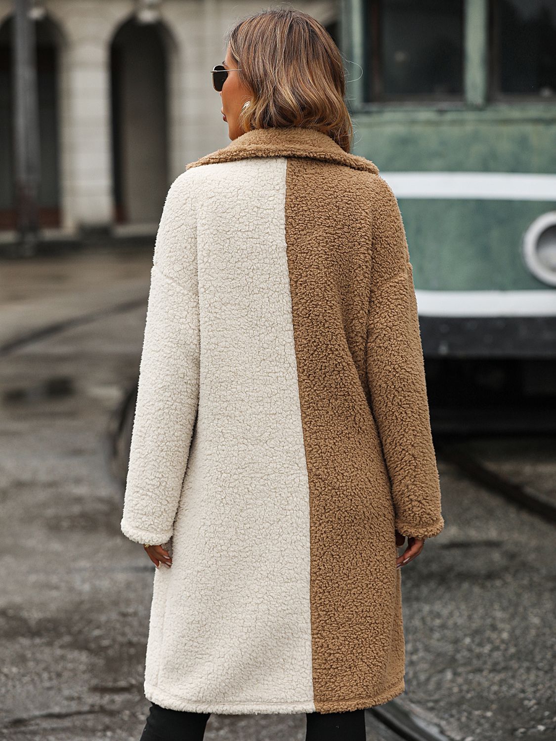 Contrast Dropped Shoulder Sherpa Coat Trendsi