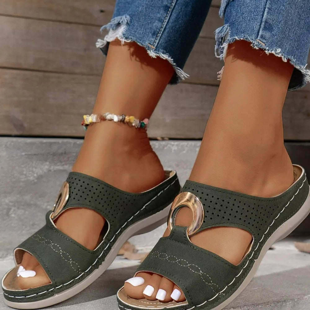Open Toe Flats Sandals Dark Green OutfitFlow