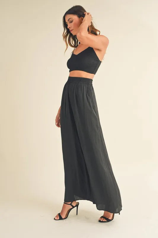 MABLE Smocked Bralette Crop Top and Wide Leg Pants Set OutfitFlow