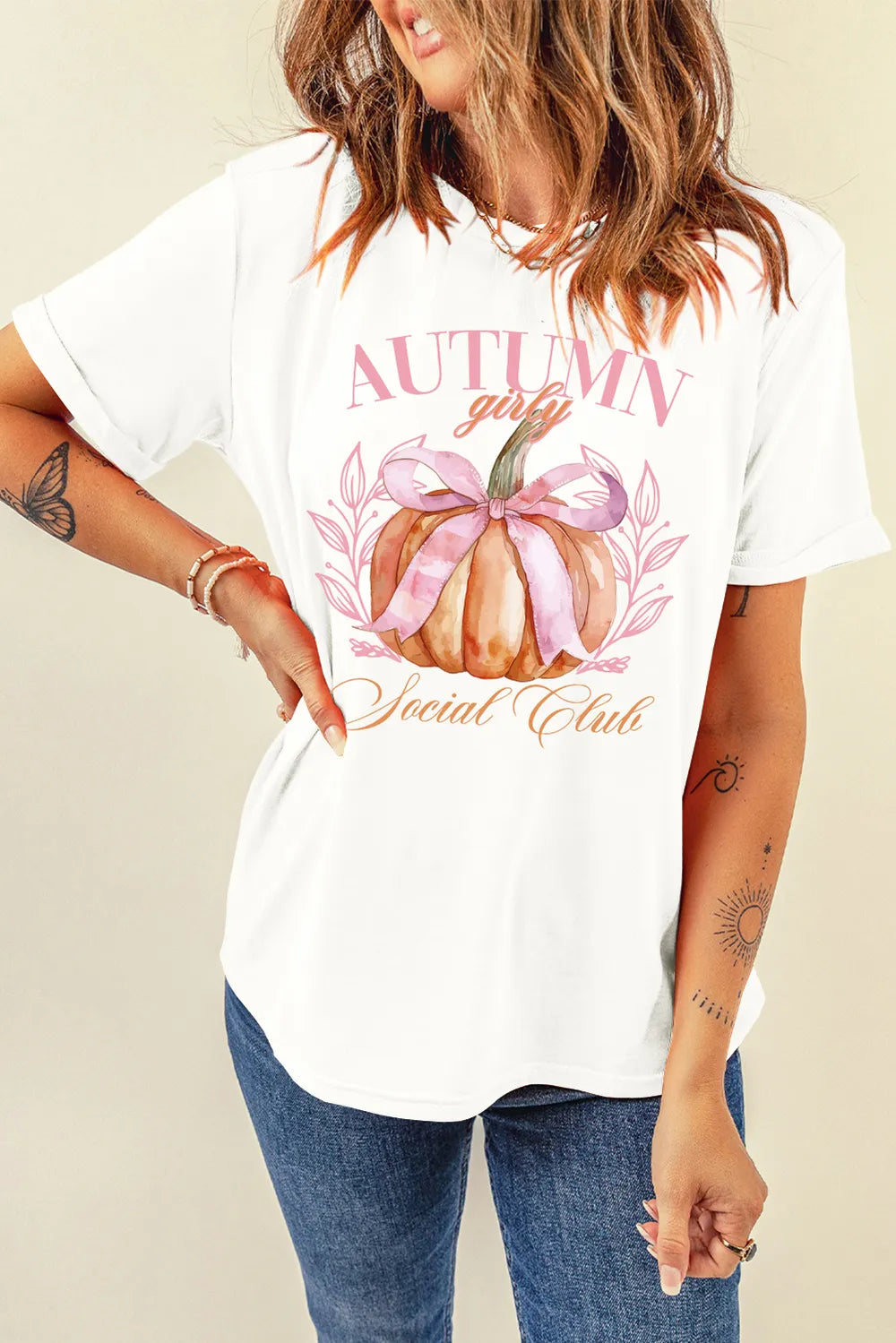 Pumpkin Graphic Round Neck Short Sleeve T-Shirt OutfitFlow