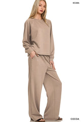 Zenana Scuba Crewneck Sweatshirt and Pants Set COCOA Trendsi