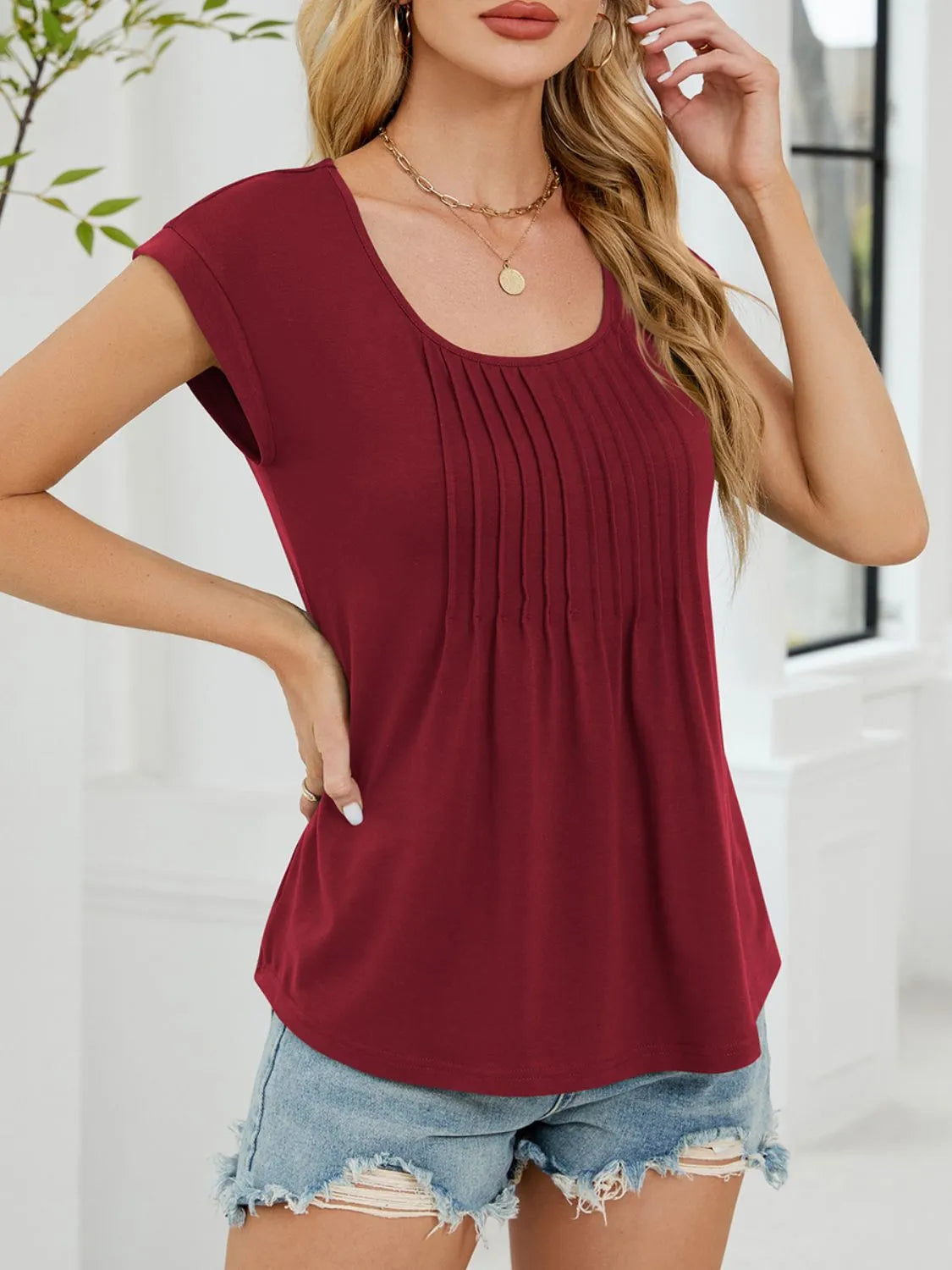Pleated Front Scoop Neck T-Shirt OutfitFlow