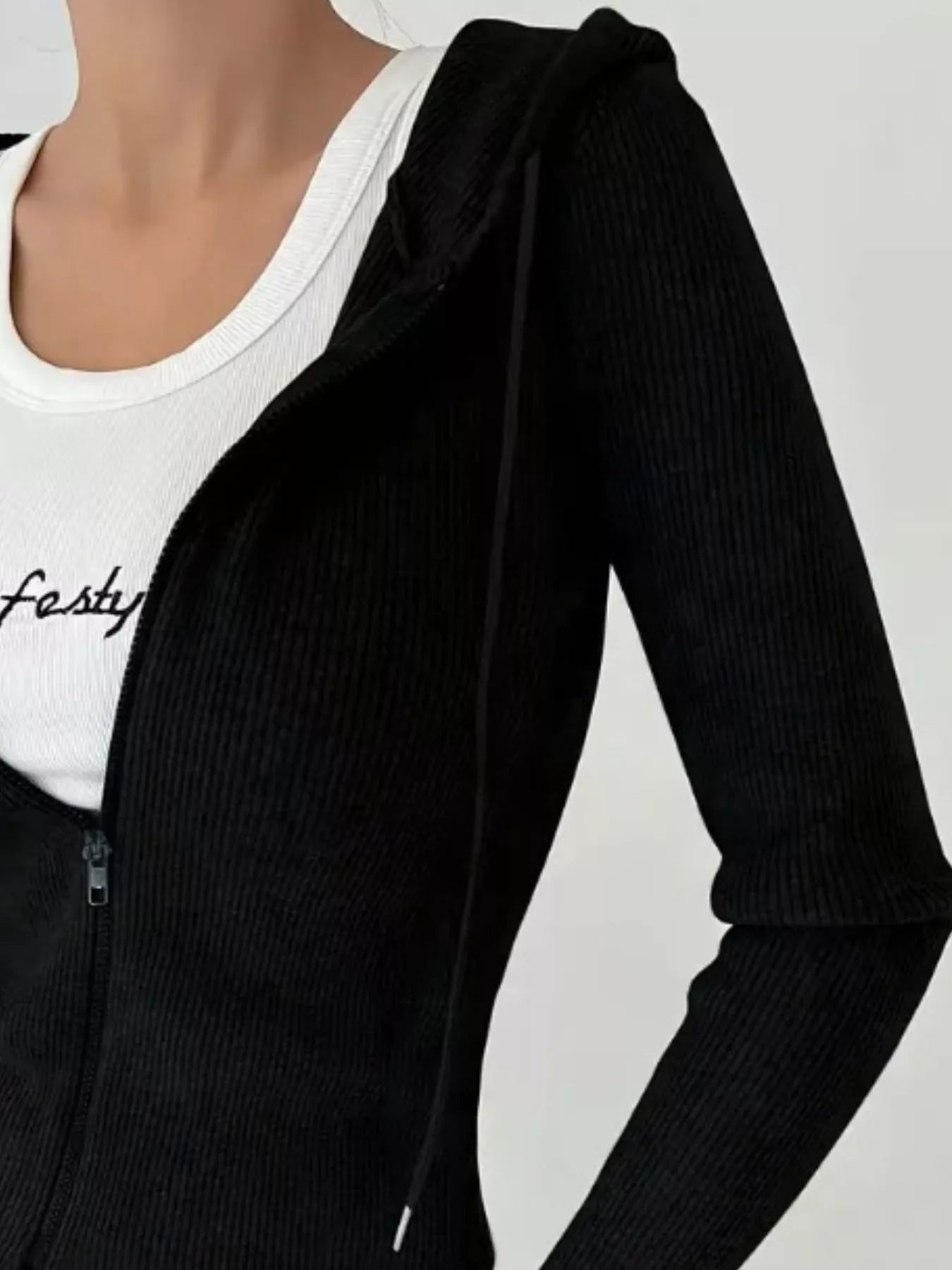 Ribbed Knit Zip-Up Hooded Cardigan OutfitFlow